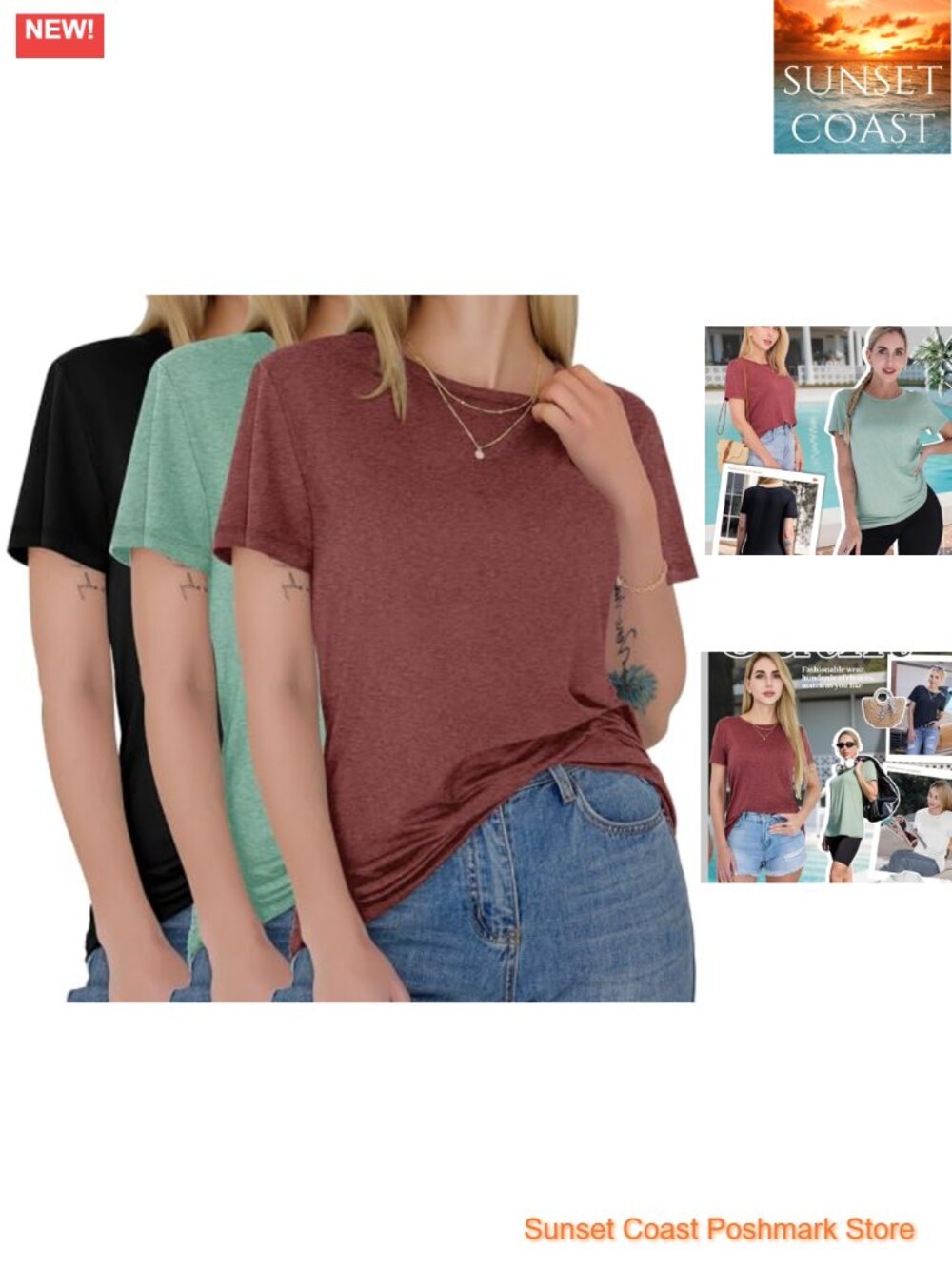 3 Pack Womens T-Shirts Short Sleeve Summer Tops Soft Basic Tees Crew Neck